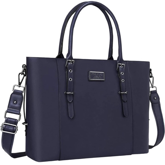 MOSISO PU Leather Laptop Tote Bag for Women (15-16 inch), Navy Blue - Picture 1 of 5